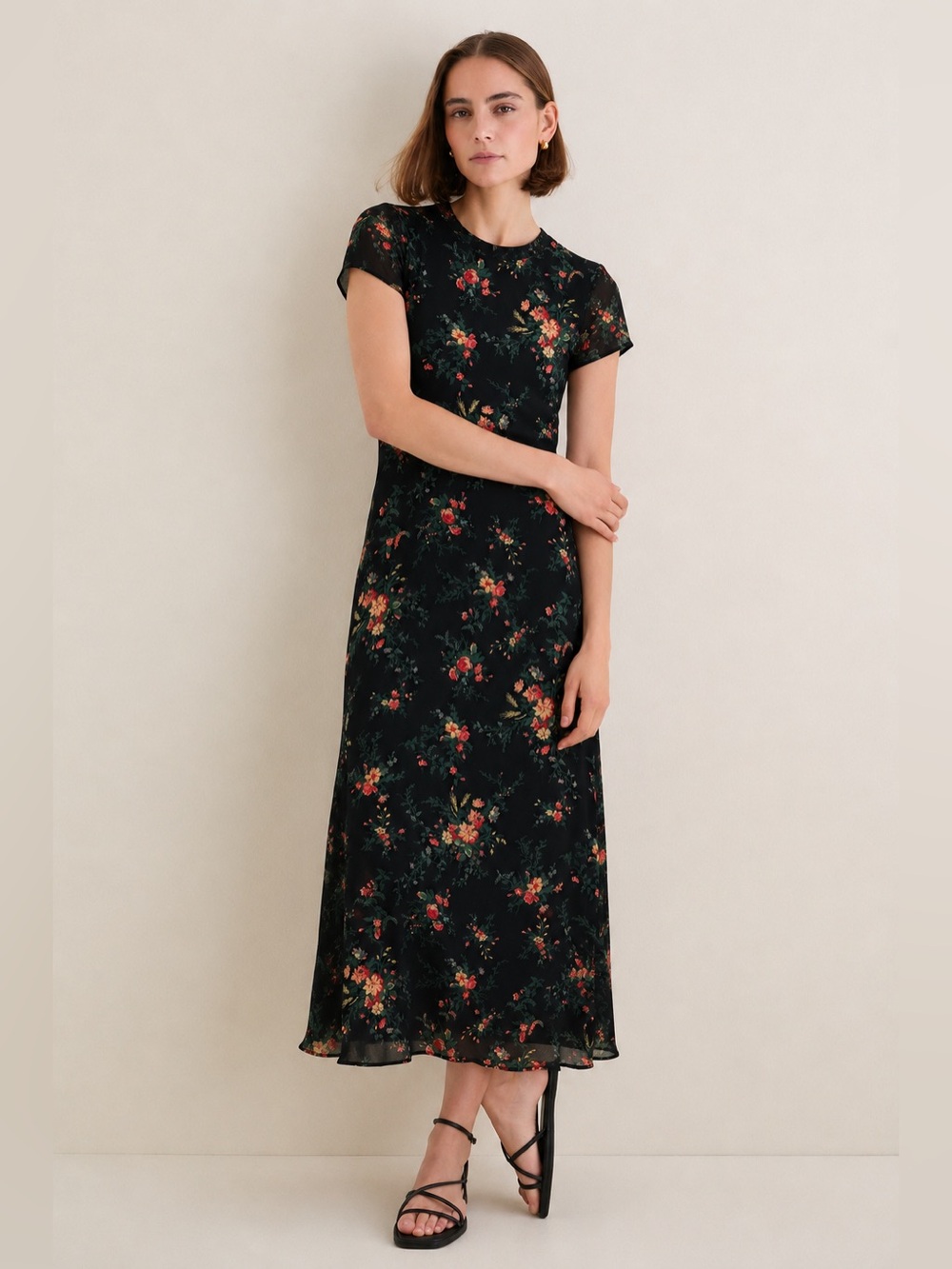 Lauren Ralph Lauren 100% Silk Floral Maxi Dress High Neck Cap Sleeve Black 997